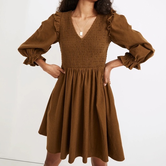 Madewell Flannel Lucie V-Neck Smocked Mini Dress in Weathered Olive - Picture 1 of 8